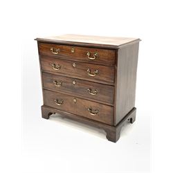 Small Georgian mahogany straight front chest, fitted with four long graduated cock beaded drawers and brass drop handles, raised on bracket supports W86cm, D46cm, H83cm