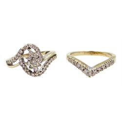 14ct gold diamond swirl design cluster ring and a 10ct gold diamond wishbone ring