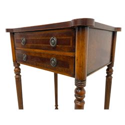 Pair of figured walnut side tables, rectangular reed moulded top with extending circular terminals, inlaid with satinwood band and ebony stringing, fitted with two drawers, on turned and fluted supports 