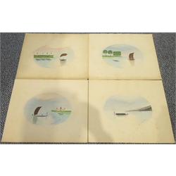 Indian School (Early 20th century): River Scenes, set four oval watercolours indistinctly signed and dated 1929 in pencil, indistinctly inscribed verso 15cm x 21cm (4) (unframed)