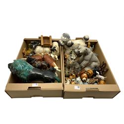 Collection of pottery animals, Blue Mountain pottery lion, resin animals etc in two boxes