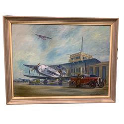 Ronald Hilston (British 20th century): 'Croydon Airport' with Model T Ford and de Havilland Gipsy Moth, oil on board signed, titled and dated 1976 verso 43m x 57cm