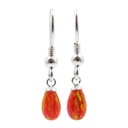 Pair of silver fire opal pendant earrings, stamped 925