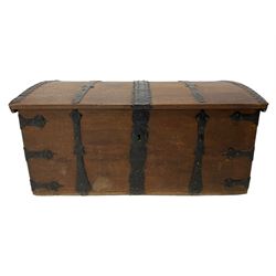 19th century oak and metal bound chest, dome hinged top with metal strapping, the interior with small hinged compartment, fitted with wrought iron carrying handles