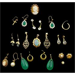 Gold opal pendant, gold cameo ring and a collection of gold and stone set gold stud earrings including paste stones and four single earrings, all 9ct hallmarked or tested