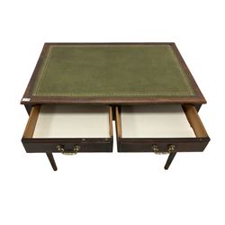 Late 19th century mahogany desk, rectangular top with inset leather writing surface, fitted with two drawers with brass handles, raised on square tapering supports