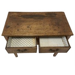 George III country oak side table, rectangular top with moulded edge, fitted with two cockbeaded drawers. raised on square supports