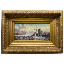Dutch School (20th century): Ice Skating on the Frozen River, oil on panel unsigned, housed in heavy gilt stepped frame 19cm x 40cm