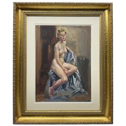 Harry Arthur Riley (British 1895-1966): Nude Study of a Woman Seated, oil on board signed 37cm x 27cm