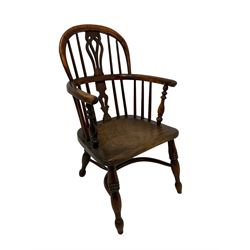 19th century elm and yew child's Windsor chair, low hoop stick back with pierced splat, dished seat raised on ring turned supports joined by crinoline stretcher