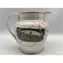 19th century Sunderland large pink lustre jug with the Iron Bridge and Masonic emblems H23cm and another 'The New Bridge', verse and agricultural panel H22cm (2)