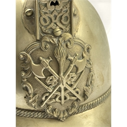 Edwardian brass Merryweather type firemans helmet, complete with liner and chin strap