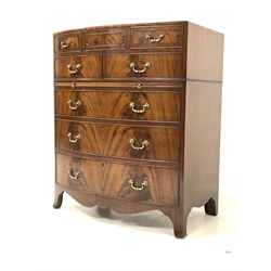 20th century mahogany bow front chest, the cross banded top with ebonised stringing over one long and two short drawers, brushing slide and three long graduated drawers, shaped apron, splayed bracket supports 