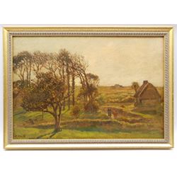 Continental School (Early 20th century): Figures by a Farmstead, oil on canvas indistinctly signed 50cm x 72cm