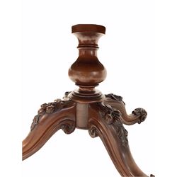 Mid 19th century mahogany circular breakfast table, the tilt top raised on baluster turned column and four splayed leaf carved supports terminating in brass recessed castors D121cm