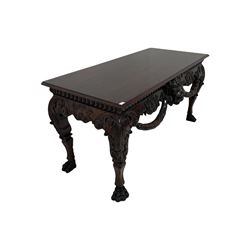 18th century style mahogany serving table, the rectangular top with moulded edge over carved frieze with folate design, with one central carved lion mask, raised on cabriole supports terminating in hairy paw feet W168cm, H85cm, D76cm 