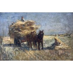 James William Booth (Staithes Group 1867-1953): Haycart with Horses, oil on board signed 24cm x 34cm