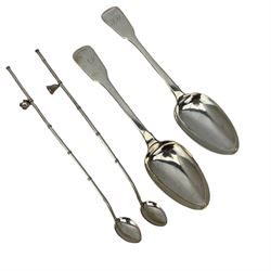 Two provincial silver fiddle pattern tablespoons, one hallmarked James Barber, George Cattle II & William North, York, 1835, the other hallmarked James Barber & William North, York, 1839; together with two white metal iced tea or cocktail spoon straws, with kettle and bell charms (4)