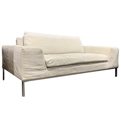 Sits - Contemporary two seat sofa, upholstered in natural linen, raised on square chrome supports, W180cm, H60cm, D89cm