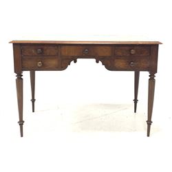 Victorian mahogany side table, moulded top over three drawers and two faux drawers, raised on turned supports W108cm, H75cm, D54cm