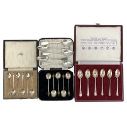 Cased set of six silver rat tail 'British Hallmarks' tea spoons with hallmarks of the six major assay offices 1963 Maker Roberts & Belk, six silver coffee spoons Birmingham 1922, five bead knop coffee spoons and five fiddle pattern tea spoons Newcastle 1831 Maker James Bell 