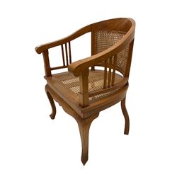 Hardwood tub tub chair, double caned back over open arms and cane seat, raised on cabriole front supports W61cm