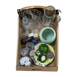 Imari design plate, green globular glass decanter, Sanders & Wallace paperweight, Ronson glass table lighter, etc in one box