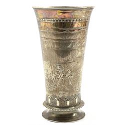 19th Century North European silver beaker vase, engraved with an interior scene with brawling figures etc on a short pedestal foot H21cm, import marks for London 1892 14oz