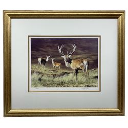 After T Ralph Hall (British contemporary): Highland Stag and Deer, limited edition print signed and numbered 101/295