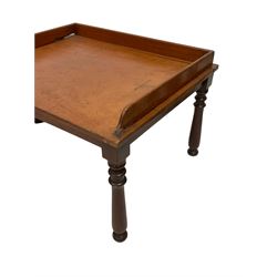 19th century mahogany stand, rectangular top on turned supports (W50cm), a nest of three mahogany tables with inset leather and glass tops (W51cm); and a 19th century pole screen (3)