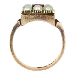 Victorian 9ct rose gold pink stone and pearl square cluster ring