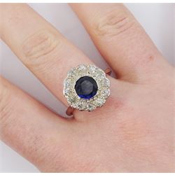 White gold round cut synthetic sapphire and old cut diamond cluster ring, stamped 18ct, total diamond weight approx 0.60 carat
