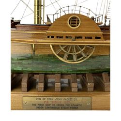 Scratch built ship model of P.S. Sirius, raised upon oak base with plaque 'City of Cork Steam Packet Co., P.S 'Sirius' 1837, The First Ship To Cross The Atlantic, Under Continuous Steam Power', L99cm x H62cm, together with two framed prints relating to Sirius (3)