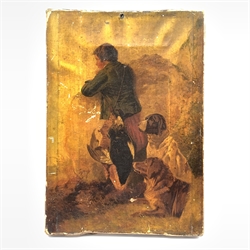 Unsigned early 19th Century oil on canvas of a boy hunter with dogs and dead game 37cm x 26cm (unframed)