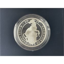 Three The Royal Mint United Kingdom 2021 'The Queen's Beasts' fine silver proof one ounce coins, comprising 'The Griffin of Edward III', 'The Queen's Beasts' and 'The White Greyhound of Richmond', all cased with certificates (3)