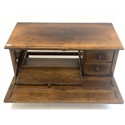 Solid oak craftsman made TV stand, three faux drawer fall front revealing Hi-Fi slide and two drawers, raised on castors,