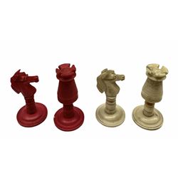 19th century Indian ivory chess set, natural and red stained, height of King 8cm