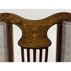 Edwardian mahogany two seat salon settee, the shaped cresting rail over central foliate scroll inlaid rosewood panel and pierced splat, upholstered two sectional back and seat, on cabriole supports, bone stringing throughout, W115cm, H97cm, D52cm