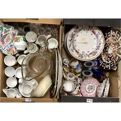 Two boxes of ceramics and glass to include a large cut glass jug, Roseberry Studios jugs, Portmeirion cups, Argyle collectors plates etc in two boxes