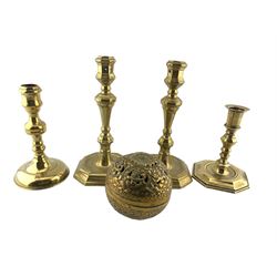 Pair of 18th century brass candlesticks with tapering knopped stem and octagonal bases H20cm, two other candlesticks and a pierced brass censer (5) 