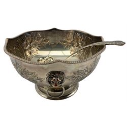 Embossed plated punch bowl with lion mask ring handles D32cm and a ladle