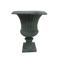 Pair Victorian design cast iron Campana shaped garden urns with base, with fluted and gadroon decoration in washed blue finish