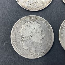 Two George III crown coins dated 1819 and 1820, William IIII  1836 halfcrown and Queen Victoria 1887 double florin