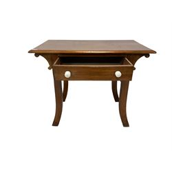 Early to mid-20th century pine console or side table, rectangular top with moulded edge, fitted with single drawer, raised on square splayed supports with C-scroll spandrels