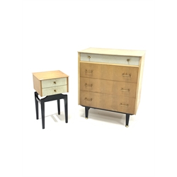 Mid 20th century oak veneered chest fitted with four drawers,, raised on ebonised square tapered supports  (W78cm) together with a matching bedside table (W37cm)