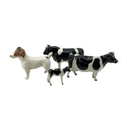 Beswick Friesian family comprising Bull Ch. Coddington Hilt Bar, Cow Ch. Claybury Leegwater, and calf, together with a Beswick Jack Russell Terrier (4)