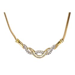 9ct gold baguette and round brilliant cut diamond crossover necklace, hallmarked