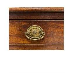 George III mahogany side table, rectangular top over single cock-beaded drawer with brass handle plates, raised on square tapering supports