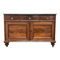 Victorian figured mahogany washstand, white and black veined marble top over three drawers and double cupboard, the cupboard enclosed by figured panelled doors, on turned feet with castors