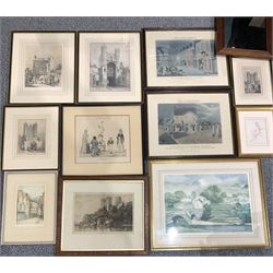 Five etchings/engravings of York, pair hand-coloured engravings after Henry Alken plus other prints 
and a mirror (12)